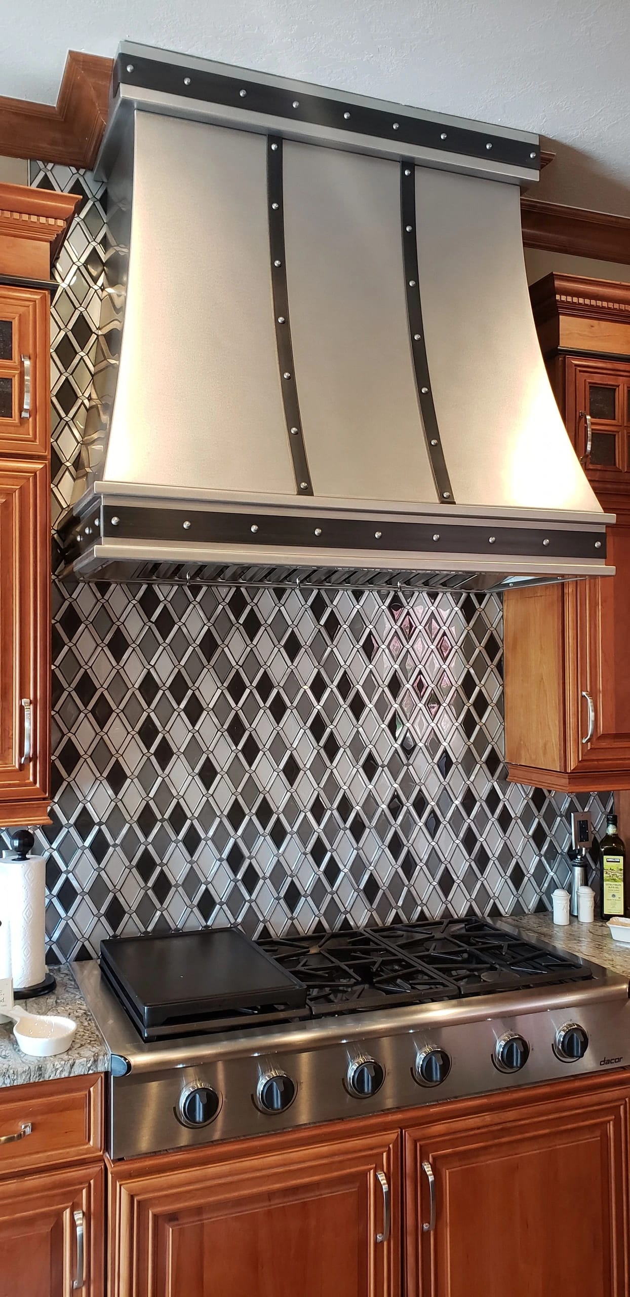 custom stainless steel range hood decorative riveted straps sheet metal