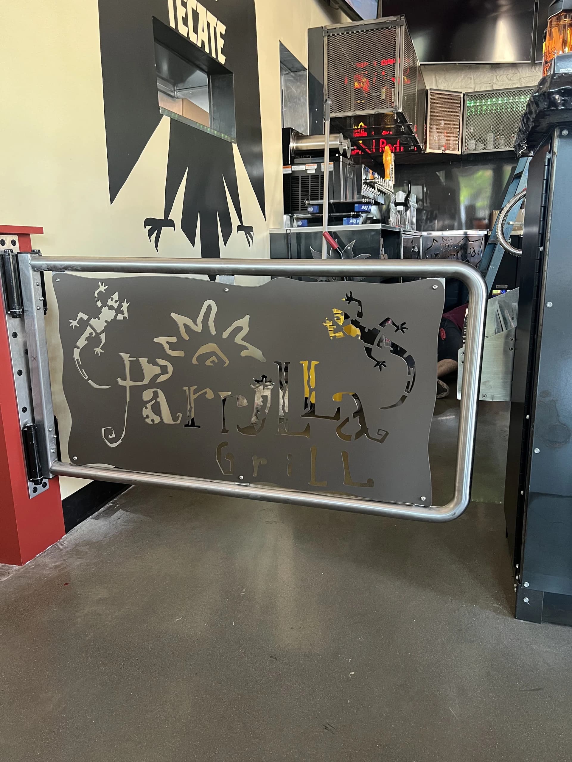 laser cut ornamental metal swing gate stainless frame restaurant fabrication